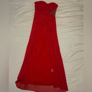 Long red formal (prom) strapless dress w/ slit